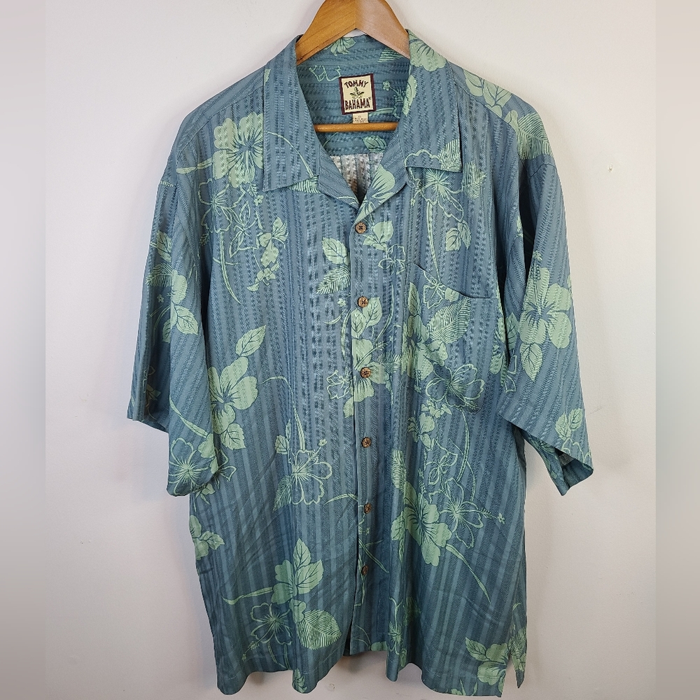 Tommy Bahama - Hawaiian Button Down Silk - SIZE XL - Blue Green Floral Vacation